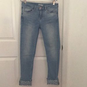 Zara Light blue jeans with pearls on bottom cuff